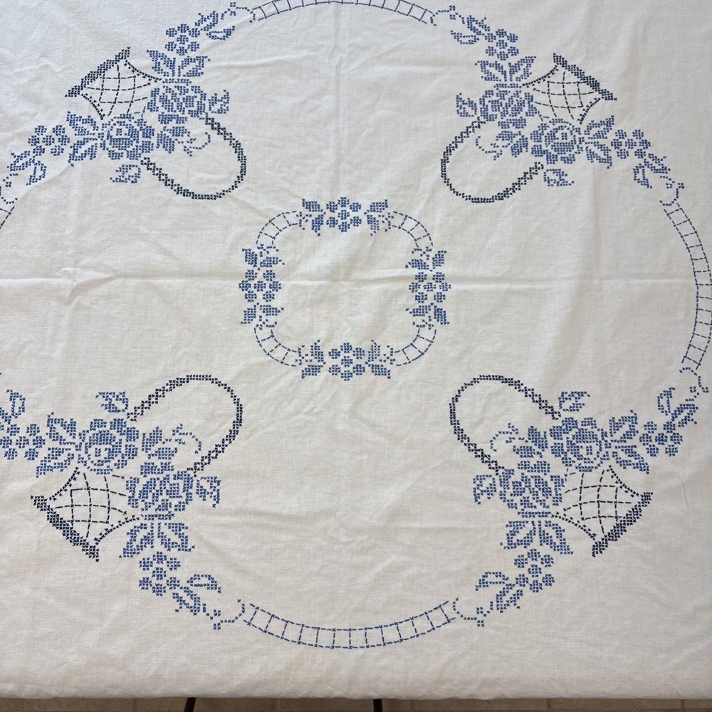 Vtg Cross Stitch Tablecloth Cotton Embroidery Blue White Basket Floral Stains